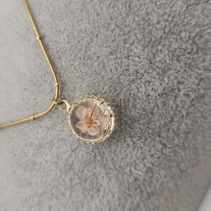 Pink Pressed Flower Resin Necklace 18k Gold Plated Stainless Steel Adjustable